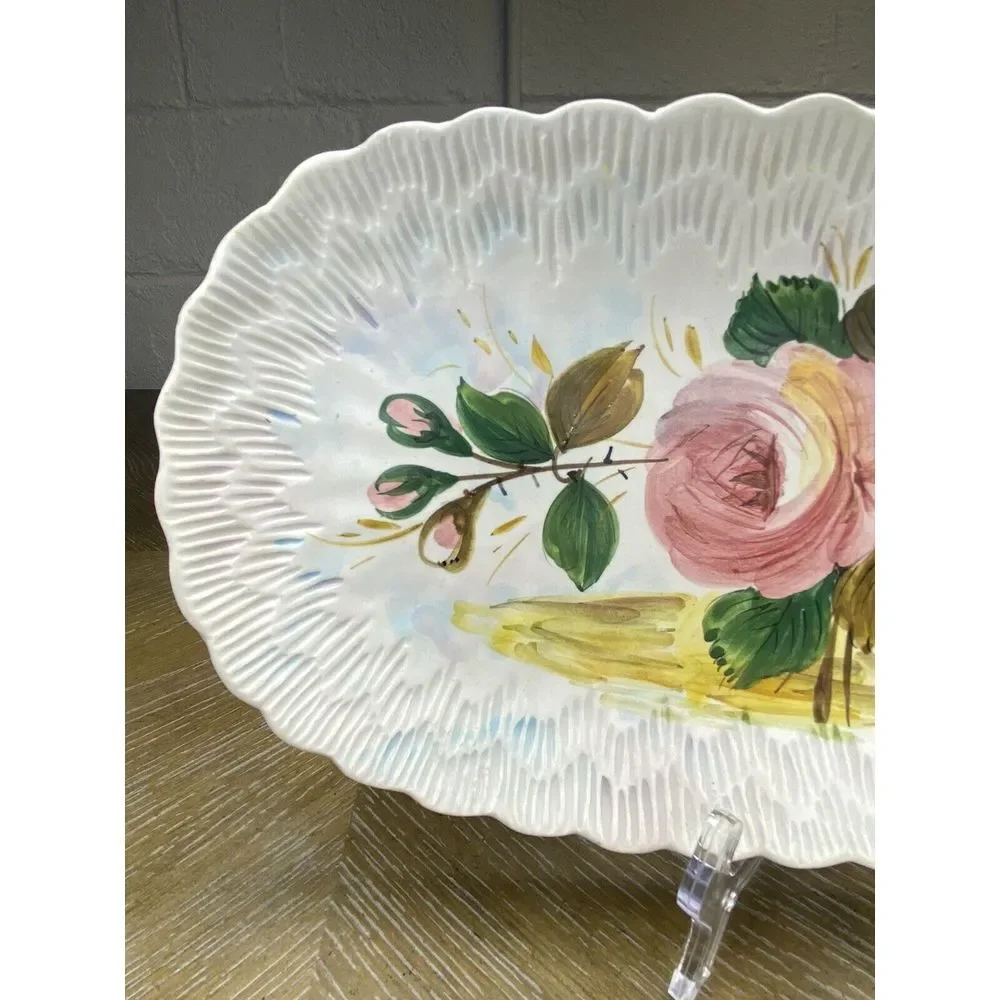 Vintage Italy Rose Painted Tray Ceramic Serving Dish Oblong Textured Cottagecore